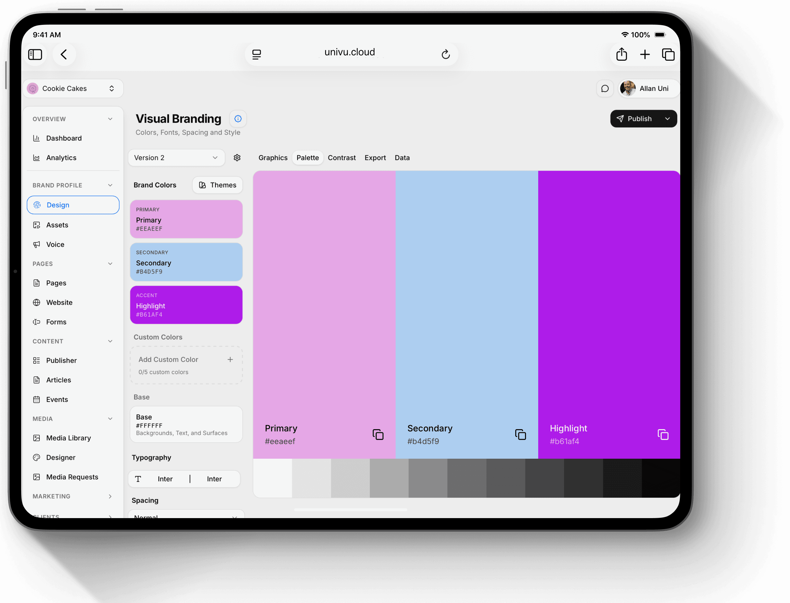 Univu brand management platform showing the dashboard interface on an iPad